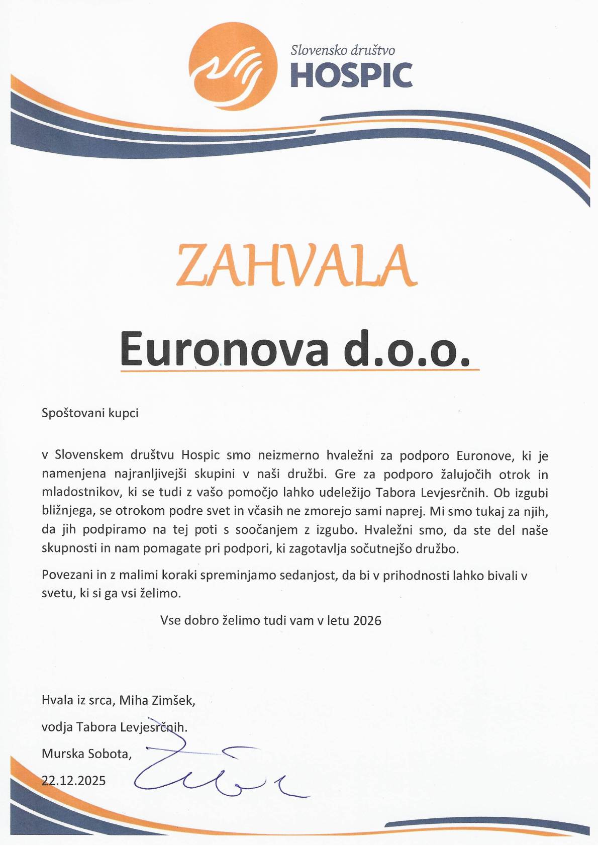 Zahvala kupcem in dobaviteljem Euronova d.o.o.